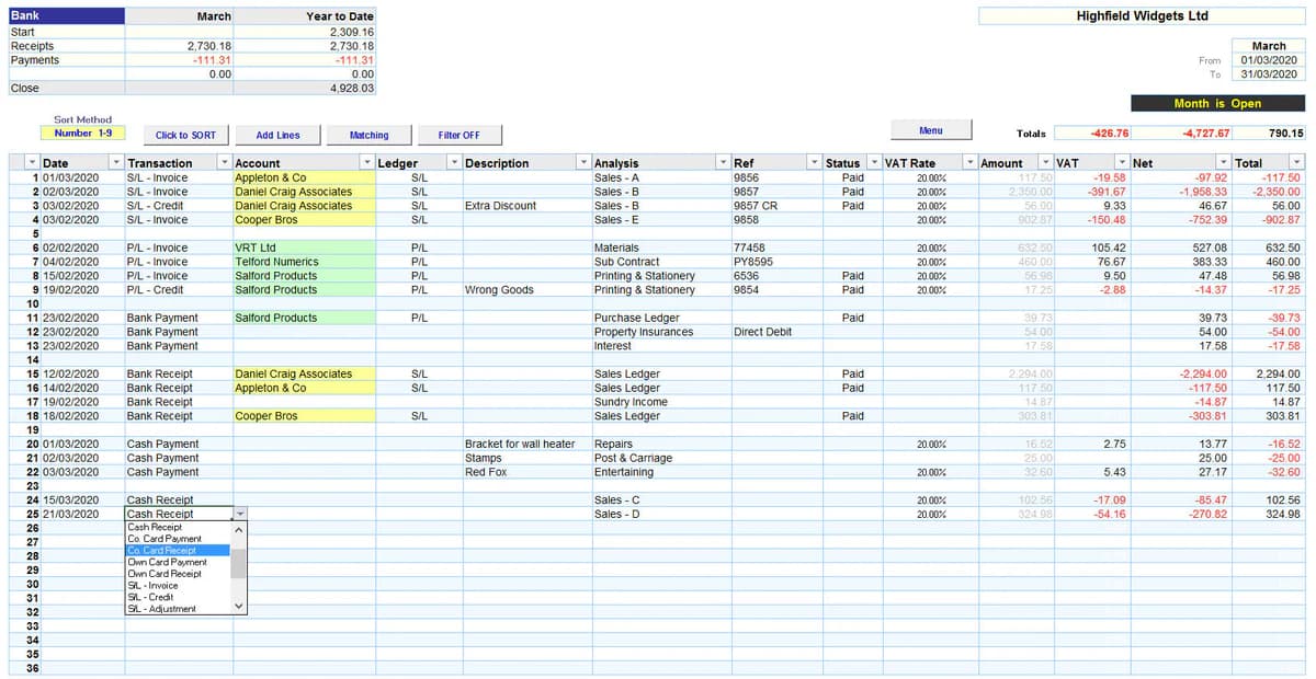 A dense Excel accounting spreadsheet template with hundreds of rows.
