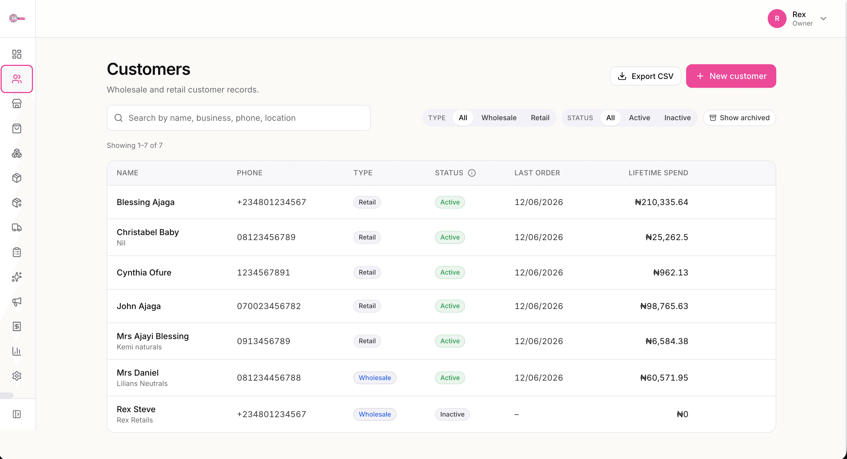 Customers list with name, phone, type, status, last order, and lifetime spend.