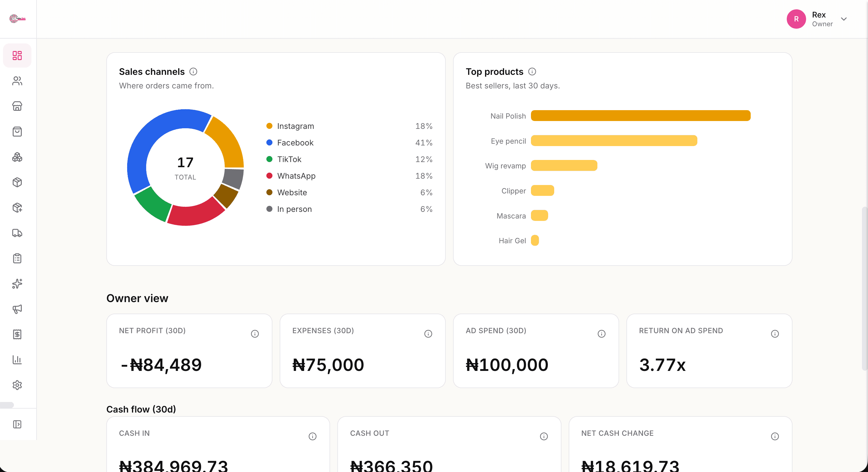Sales by channel pie chart, top products bar chart, and cash-flow stat cards from the demo workspace.
