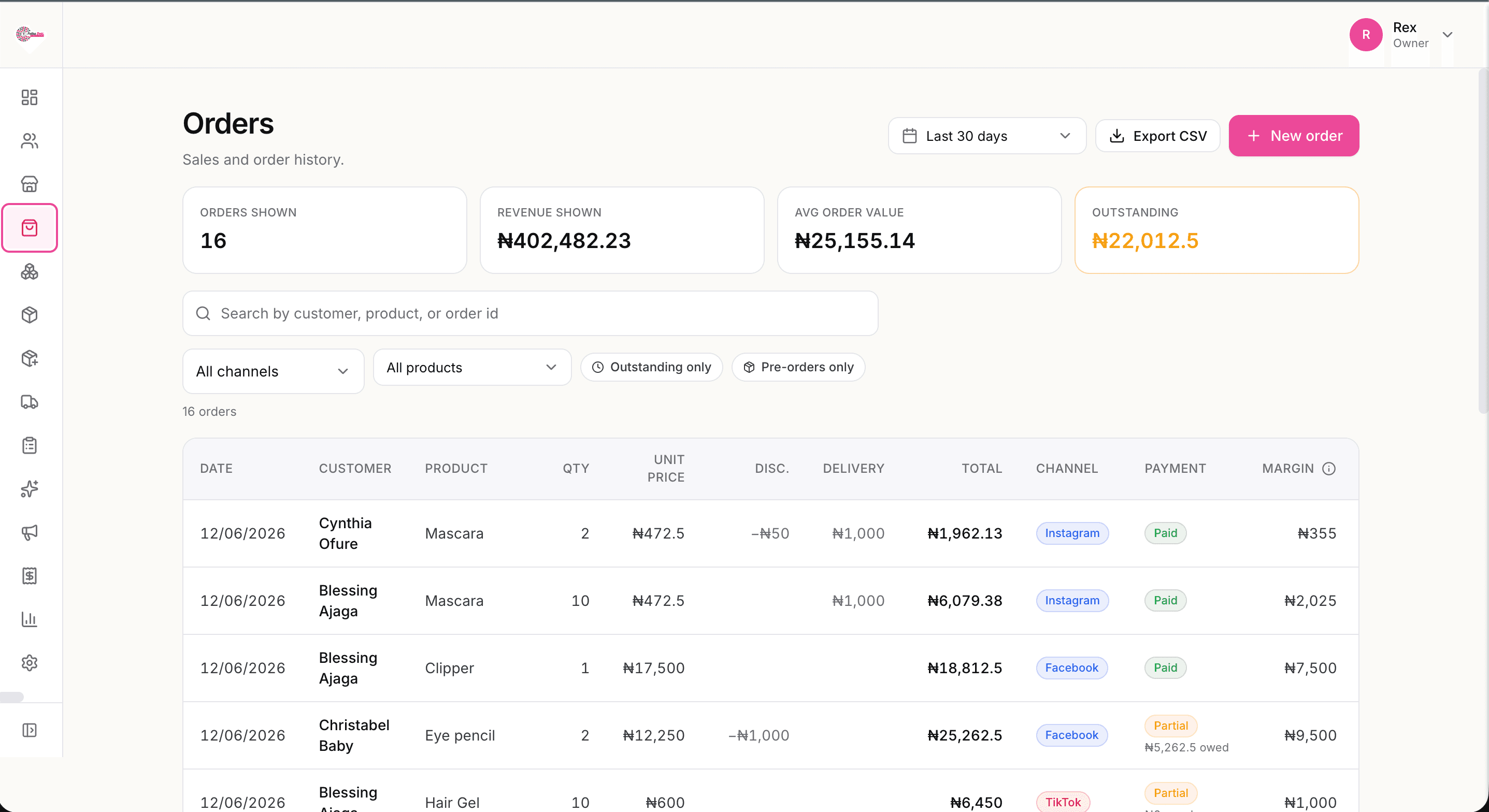 Orders table with customer, product, channel, payment status, delivery, and margin columns.
